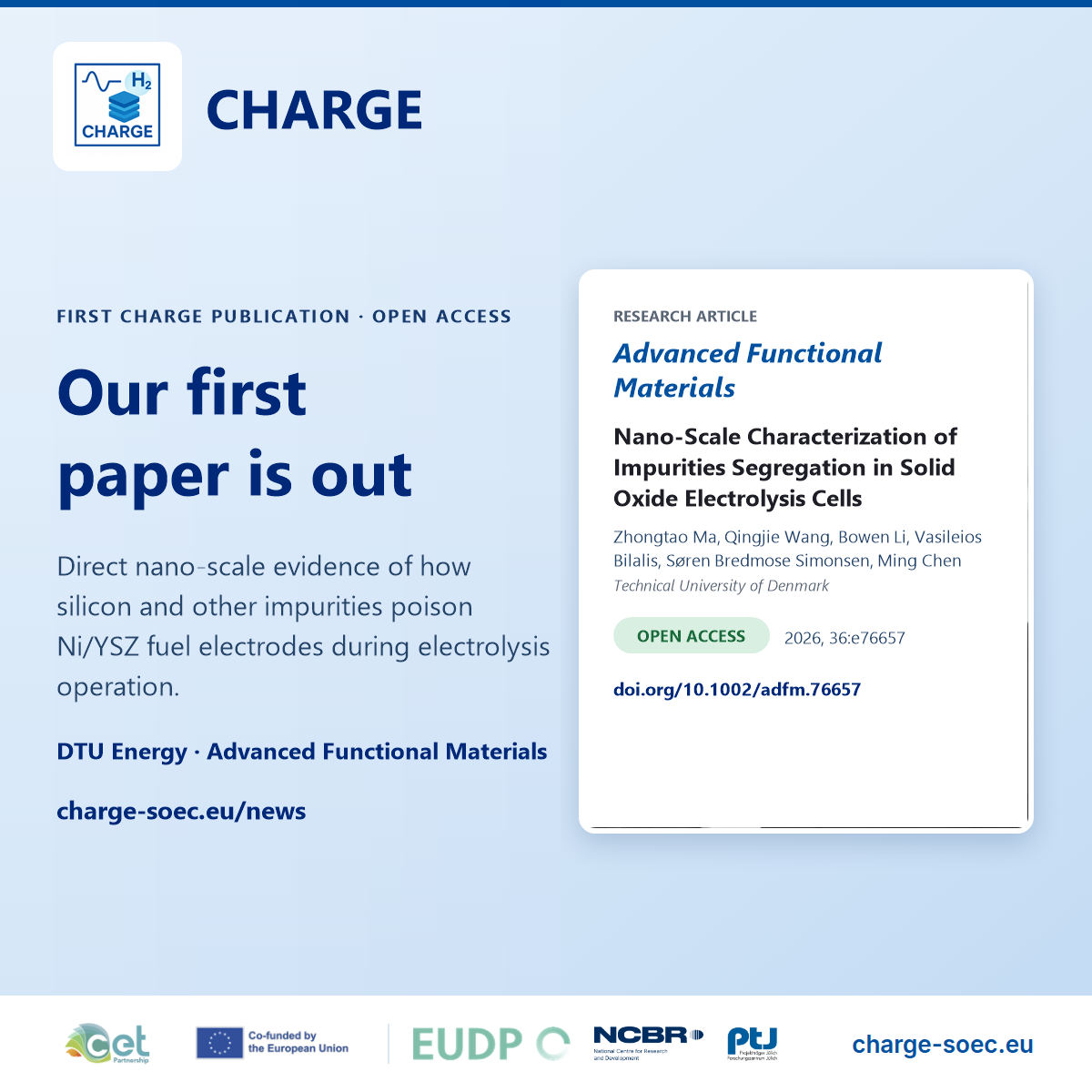 Announcement card: first CHARGE publication in Advanced Functional Materials — Nano-Scale Characterization of Impurities Segregation in Solid Oxide Electrolysis Cells, open access